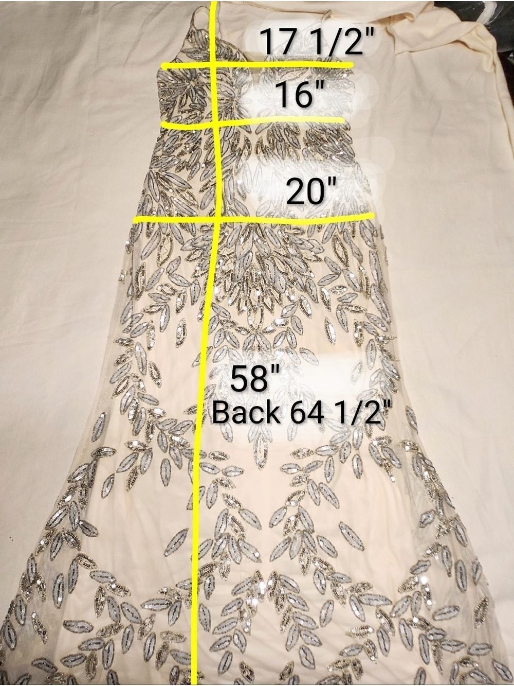 Mac Duggal Silver Gold Beaded Leaf Sequin Illusion V-Neck Gown Dress Size 10 - Picture 10 of 10